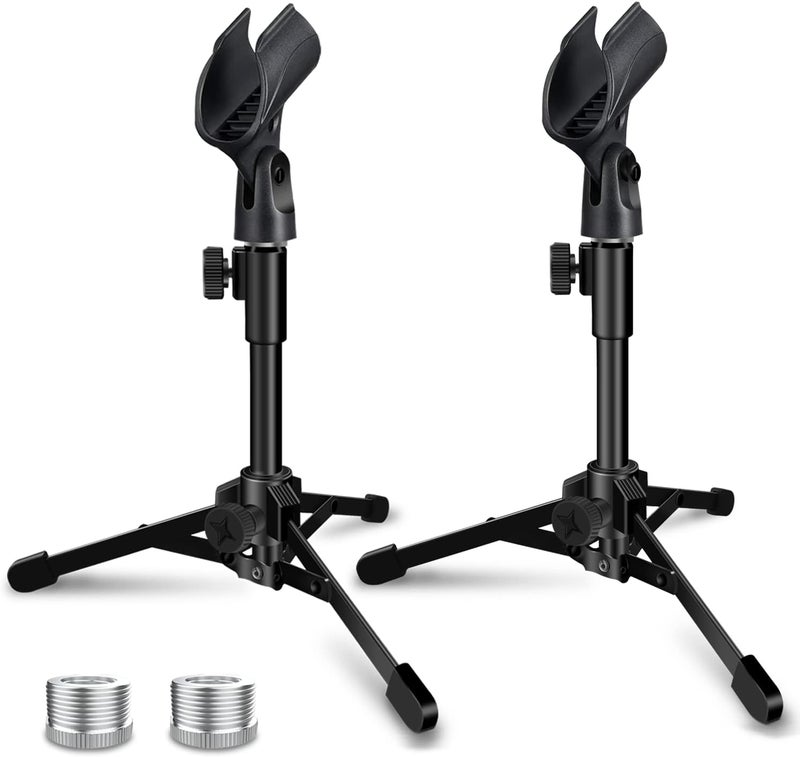 Mictop 2 Pack Desktop Mic Stand, Portable Foldable Tripod with Mic Clip Holder, Adjustable Microphone Stand For Dynamic Microphone. - Image 1